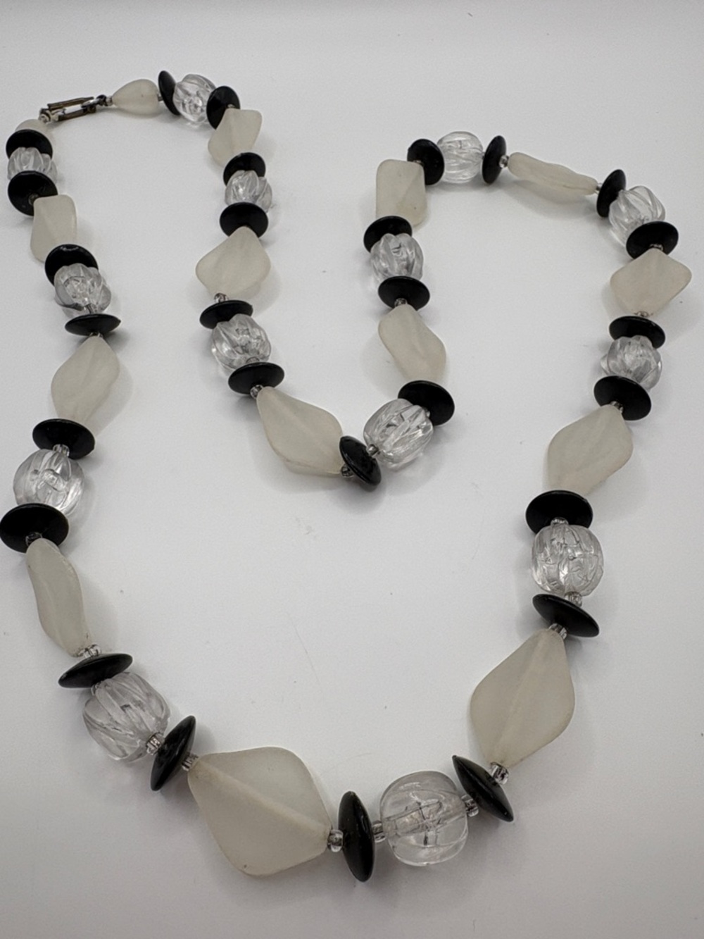 Vintage 60’s Mod Frosted White and Black Bead Necklace - Women Jewelry 29”